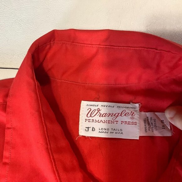 Vintage Wrangler Permanent Press Pearl Snap Shirt Long Tails Red Western 16-33 - Picture 5 of 9